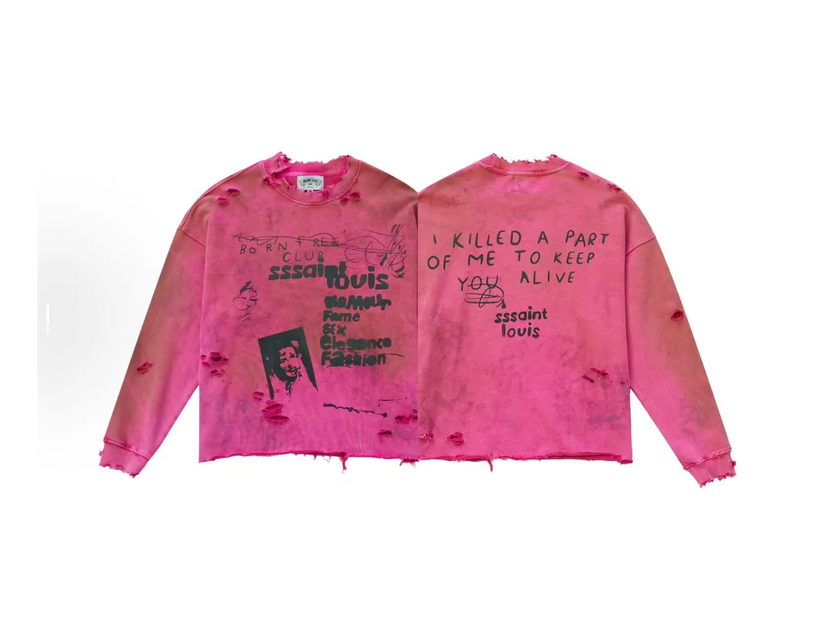 In stock (terry) ST753 style pink P240 SSSAINT LOUIS 25SS blurred night club limited edition washed distressed long-sleeved T-shirt men and women trendy code number S-M-L-XL